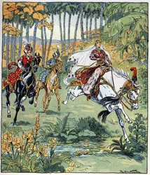 Parizade ohittaa veljensä Bahmanin ja Pervisin hevoskilpailussa. Raymond de La Nezieren (1865- 1953) kuvitus tarinaan "Histoire des deux sœurs jealous de leur cadette" teoksessa "Les mille et une nuits" (Les 1001 nuits ou Le mille e una notte, A