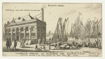 Amsterdamin satama ja vartijatalo Wacht huÿs of camera vande EE Heeren vant water-recht (otsikko esineessä) Amsterdamin erilaisia ​​laivoja ja kaupunkimaisemia, ensimmäinen osa (sarjan nimi) Ensimmäinen osa. Amstelredamin erilaisia ​​laivoja ja nähtävyyksi