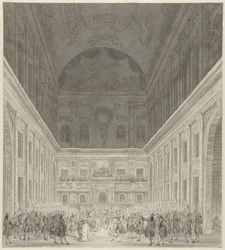Ball Amsterdamin kaupungintalon kansalaissalissa Preussin prinssi William V:n ja Wilhelminan vierailun kunniaksi kesäkuussa 1768