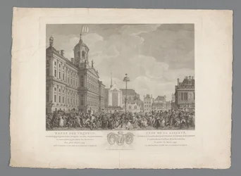 Vapauden juhla Dam-aukiolla Amsterdamissa, 4. maaliskuuta 1795 Vapaudenjuhla, vietetään vapauspuun vihkimisen yhteydessä, Amsterdamissa, Vallankumouksen aukiolla, 4. maaliskuuta 1795. Batavian vapauden ensimmäinen vuosi / Fête de la L
