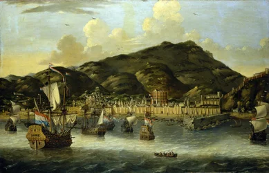 Hollantilaisia aluksia Tripolin (Libya) rannikolla, sataman ja kaupungin linnoitetut muurit. Reinier Noomsin (1623-1667) öljymaalaus.