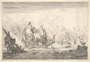 Meritaistelu englantilaisen laivan perustajan kanssa vasemmalla, Naval Battles Nieuwe Sc..., 1652-54.