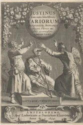 Minerva ja twee geketende figuren Otsikko voor: A. Thysius, Justinus cum notis selectissimis variorum Berneggerj, Bongarsy, Vossy, Thysy jne, 1659