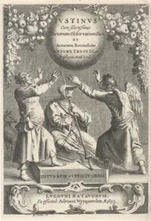 Minerva en twee geketende figuren Titelpagina voor: A. Thysius, Justinus valikoiduimmilla erilaisilla havainnoilla ja yksityiskohtaisella katsauksella, 1650