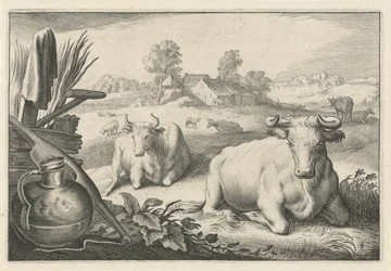 Pastura amb dues vaques ajagudes Finalització Diversa Animalia Quadrupedia (títol de la sèrie).