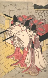 Prinssi Genji palaa palatsiinsa, jossa hänen vaimonsa odottaa häntä, n. 1797, n. 1797.