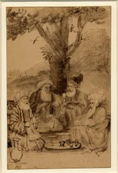 Neljä mullahia istuu puun alla, Rembrandt, noin 1656-61.