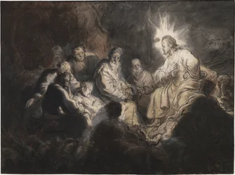 Kristus ja hänen opetuslapsensa Getsemanen puutarhassa, kirjoittanut Rembrandt van Rhijn (1606-1669). Kynä, sivellin, väri harmaa ja ruskea, akvarelli paperille, n. 1634. Mitat : 35,7x47,8 cm. Teylers-museo, Haarlem