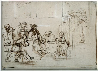 Harmensz Van Rijn Rembrandtin (1606-1669) piirustus Jeesus-lapsi lääkäreiden kanssa