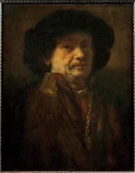 Rembrandt, omakuva turkistakissa, kultaketju ja korvakoru (öljy tammipuulle).