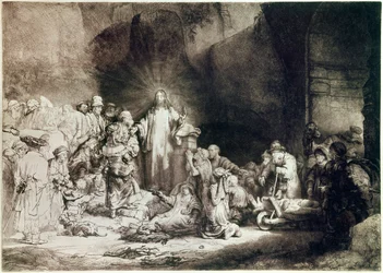 Teos sata guldenia tai Jeesus soturi sairas Kaiverrus taltta Harmenszoon van Rijn dit Rembrandt (1606-1669) 1649 noin. Aurinko. 0,28x0,39 m Pariisi, Louvre-museo