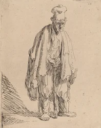 Kerjäläinen korkealakissa, seisoo ja nojaa kepille, c. 1630.