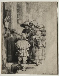 Kerjäläiset vastaanottamassa almua talon ovella, 1648.