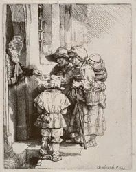 Kerjäläiset vastaanottamassa almua talon ovella, 1648 (kuivakärkikaiverrus)