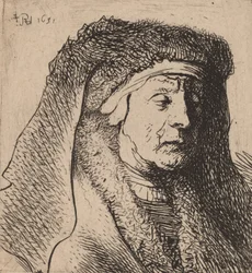 Vanhan naisen rintakuva karvaisessa viitassa ja raskaassa päähineessä, 1631.