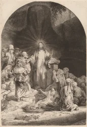 Kristuksen saarnaamista ja parantamista koskeva fragmentti sadan guldenin vedosta, n. 1649.