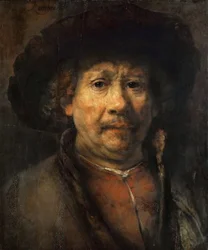 Pieni omakuva - Pieni omakuva, kirjoittanut Rembrandt van Rhijn (1606-1669). Öljy puulle, n. 1657. Koko: 48x40,6 cm. Taidehistoriallinen museo, Wien