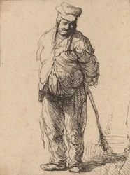 Räsytty talonpoika kädet takana, keppiä pitelevä, c. 1630.