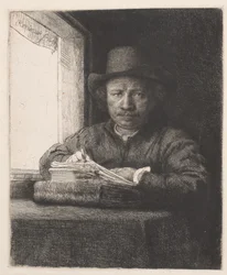 Rembrandt piirtää ikkunassa
