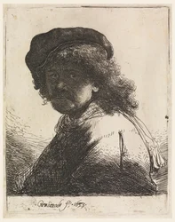 Rembrandt lippassa ja huivissa
