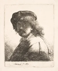 Rembrandt, jolla on lippalakki ja huivi: kasvot tummat: rintakuva