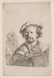 Rembrandt litteässä lippaassa huivi olkapäillä