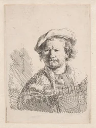 Rembrandt litteässä lippaassa huivi olkapäillä