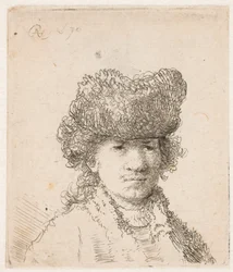 Rembrandt turkislakissa: pukeutuminen, valo: rintakuva