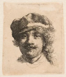 Rembrandt, jolla on päässään pehmeä lippalakki: koko kasvot: vain pää