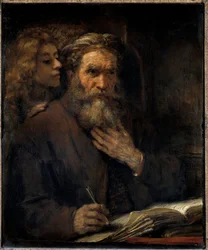 Pyhä Mathieu ja enkeli Harmensz van Rijn dit Rembrandtin maalaus (1606-1669) 1600-luvun su. 0,96 x 0,81 m