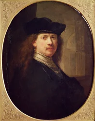 Omakuva, hattu ja arkkitehtuuri taustalla, 1637 (öljy puulle)