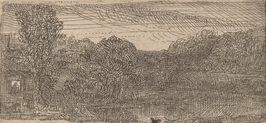 Pieni harmaa maisema: talo ja puut uima-altaan vieressä, c. 1640.
