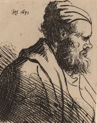 Nenäkärkinen mies lippaassa vuonna 1630 tai ennen sitä.