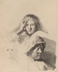 Kolme naisten päätä, yksi kevyesti kaiverrettu, n. 1637.