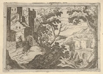 Maisema, jossa rakennuksia vasemmalla ja silta oikealla alla, n. 1620-50.