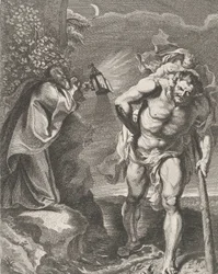 Pyhä Christopher kantaa Kristus-lapsia virran poikki, toinen mies kädessään ..., n. 1636-80.