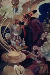 "Pitkän ja huolellisen maagisten tutkimusten jälkeen" teoksesta "The Arabian Nights" (värilitho)