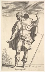 Empedocles, joka seisoo edestä pää käännettynä kolmen neljäsosan näkökulmasta, ohjaa ..., n. 1545-63.
