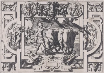 Jason kylvää lohikäärmeen hampaat Jason kesyttää heidät ja kahlitsee heidät ja kyntää heidän f..., 1563.