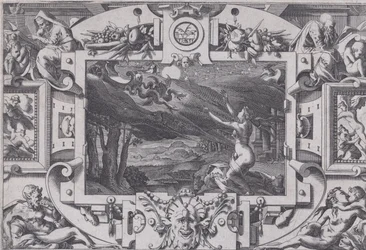Lohikäärmeiden piirtämä Medea ja hänen vaununsa epäsiisti ja alasti pimeänä yönä, autiossa paikassa..., 1563.