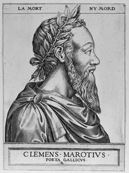 Clement des Maretsin muotokuva nimeltä Marot (1496-1544), ranskalainen runoilija - Rene Boyvinin Clement Marotius poeta gallicus -kaiverrus 1576 -