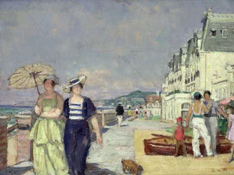 Tyylikkäitä naisia meren rannalla Cabourgissa, n. 1929 (öljy kankaalle)