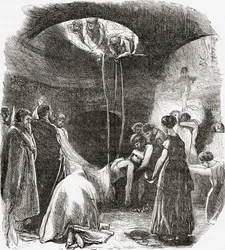 Varhaiskristillinen hauta Rooman katakombeissa Italiassa. Teoksesta Italian Pictures by Rev. Samuel Manning, julkaistu noin vuonna 1890.