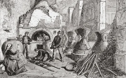 Leipurin uuni, leipä- ja jauhomyllyjä, jotka löydettiin Pompejin kaivauksissa Napolissa Italiassa 1800-luvun lopulla. Teoksesta Italian Pictures by Rev. Samuel Manning, julkaistu noin vuonna 1890.