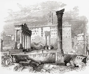 Foorumilla Capitolin suuntaan, Rooma, Italia 1800-luvun lopulla. Teoksesta Italian Pictures by Rev. Samuel Manning, julkaistu noin vuonna 1890.