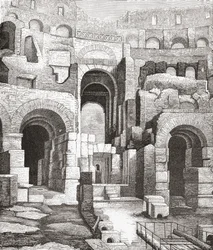 Colosseumin sisätilat Roomassa, Italiassa vuoden 1874 kaivausten jälkeen. Teoksesta Italian Pictures by Rev. Samuel Manning, julkaistu noin vuonna 1890.