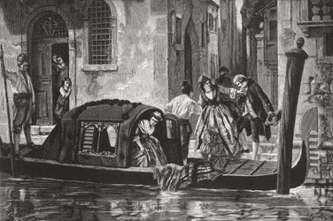 Matkustajat nousevat gondolista Grand Canalilla, Venetsiassa, Italiassa 1800-luvun lopulla. Teoksesta Italian Pictures by Rev. Samuel Manning, julkaistu noin vuonna 1890.