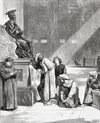 Ihmiset suutelevat Pietarin patsaan jalkoja Pietarinkirkossa Vatikaanissa Roomassa 1800-luvun lopulla. Teoksesta Italian Pictures by Rev. Samuel Manning, julkaistu noin vuonna 1890.