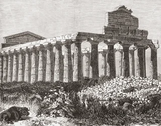 Paestumin temppeli Italiassa 1800-luvun lopulla. Teoksesta Italian Pictures by Rev. Samuel Manning, julkaistu noin vuonna 1890.
