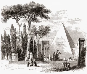 Protestanttinen hautausmaa ja Cestiuksen pyramidi, Rooma, Italia 1800-luvun lopulla. Teoksesta Italian Pictures by Rev. Samuel Manning, julkaistu noin vuonna 1890.